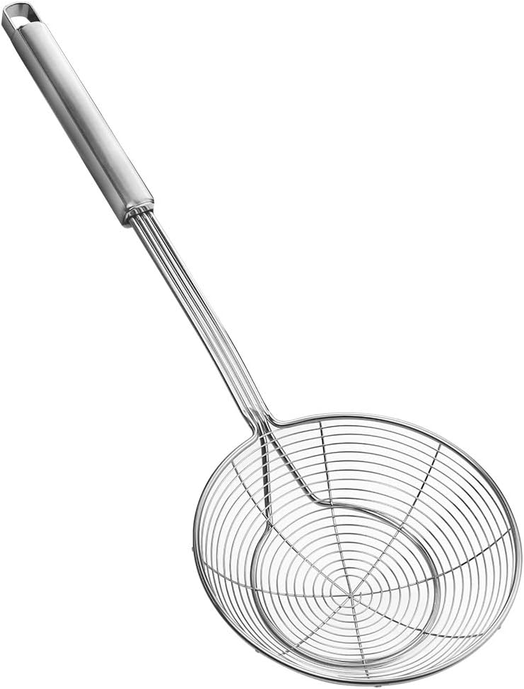 Łyżeczka ze stali nierdzewnej z uchwytem do smażenia i serwowania potraw, makaronu, spaghetti, klusek (średnica: 14 cm. Długość całkowita: 39 cm)