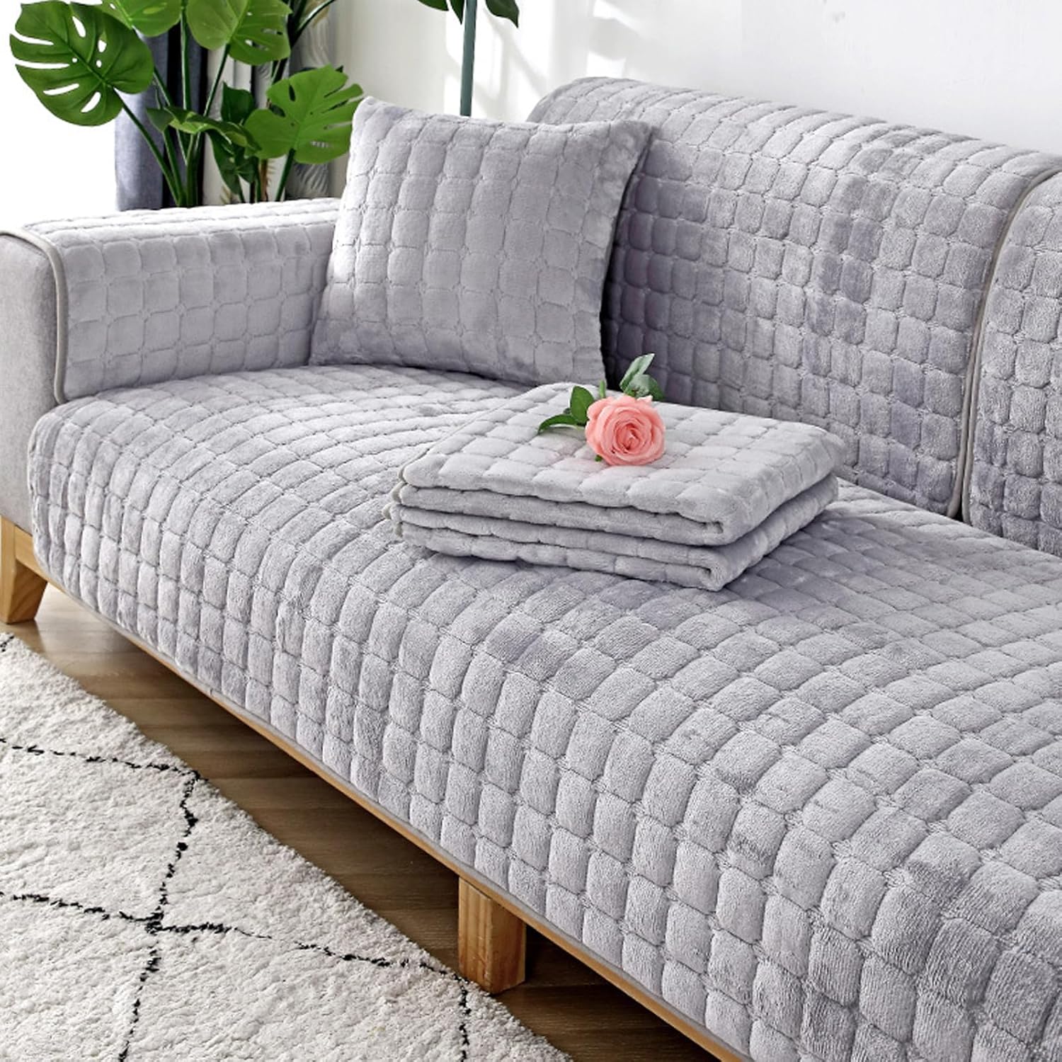 (Jasnoszary, 70 × 150 cm, (1 sztuka) Pokrowiec na sofę flanelowy, pokrowiec na sofę narożną, ochraniacz antypoślizgowy w kształcie litery L dla 3 osób