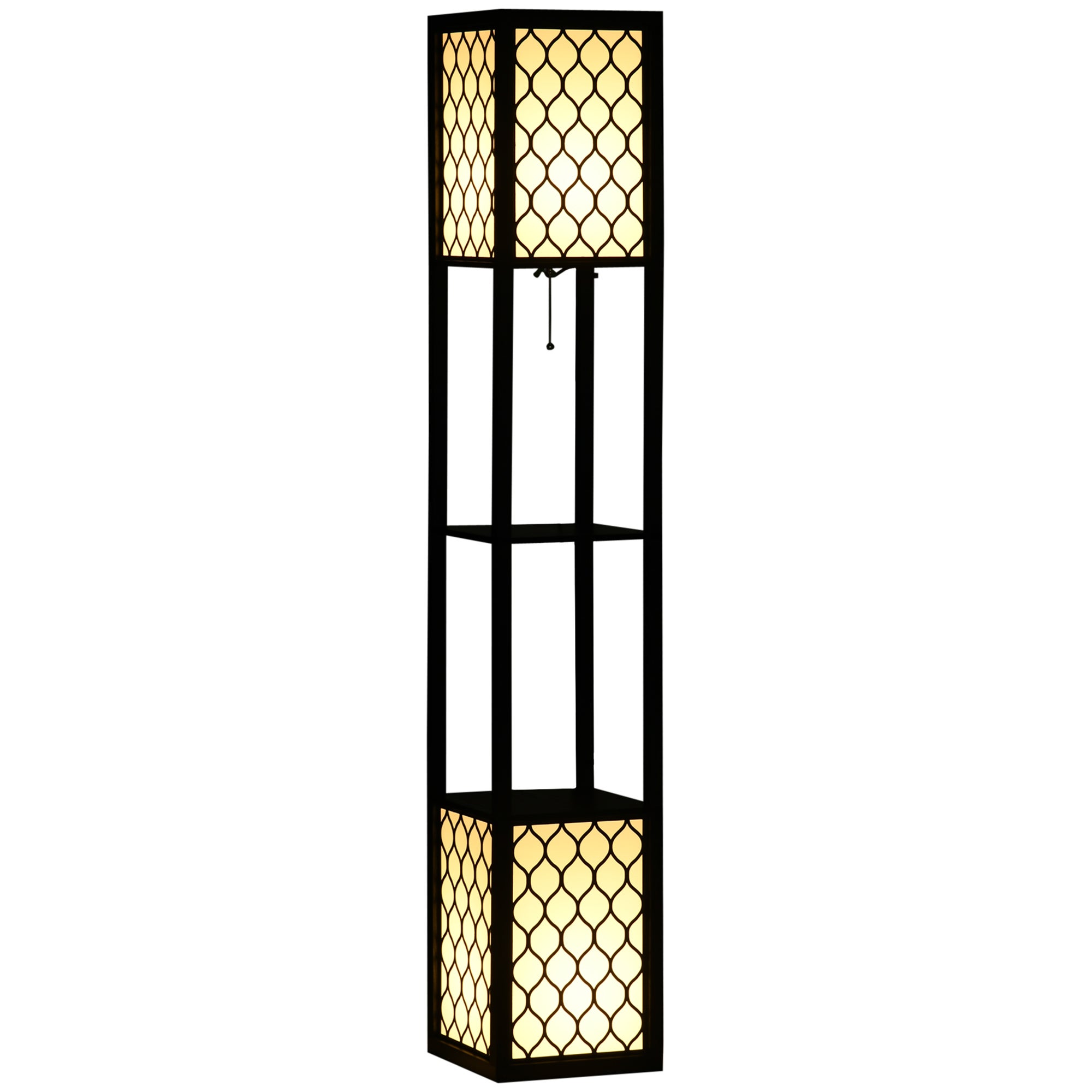 Lampa podłogowa z półką, 2 światła, 2 półki, 4 poziomy, płyta MDF czarna, wzór plastra miodu, 26 x 26 x 156 cm, czarna