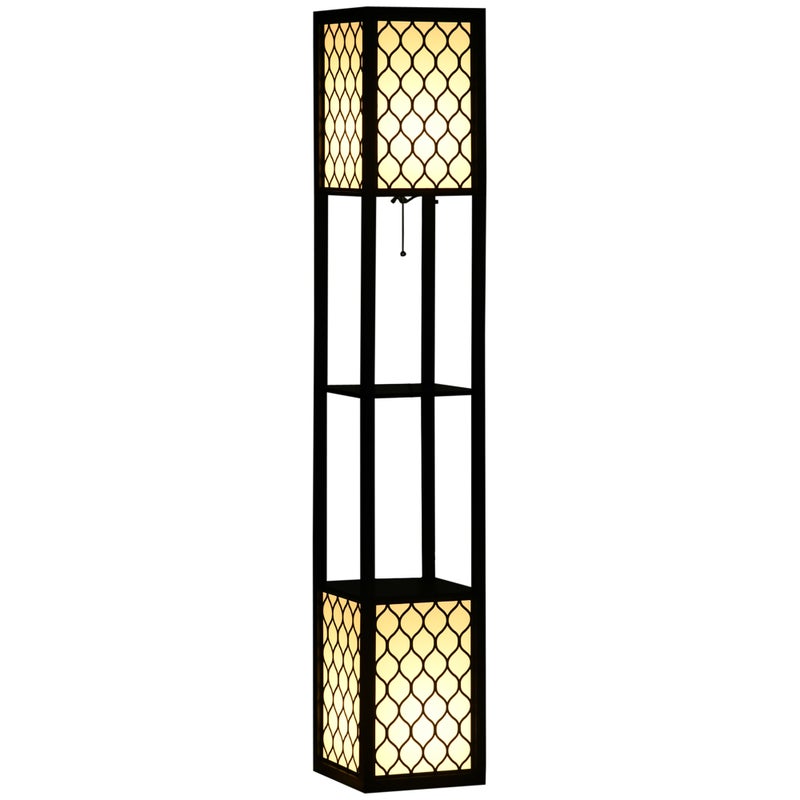 Lampa podłogowa z półką, 2 światła, 2 półki, 4 poziomy, płyta MDF czarna, wzór plastra miodu, 26 x 26 x 156 cm, czarna