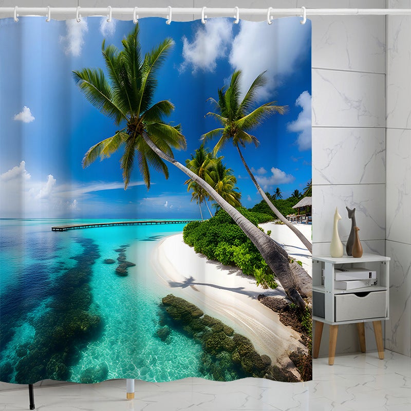 Zasłona prysznicowa 180 x 180 cm, wzór drzewa plażowego, obciążony brzeg, odporna na pleśń, wodoodporna, zmywalna, wykonana z poliestru, z 12 przelotk