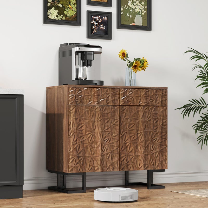 Nowoczesny bufet – elegancki design z ciemnego orzecha z reliefem liści, technologia Push-to-Open, metalowe nóżki, 2 szuflady i 2 drzwi