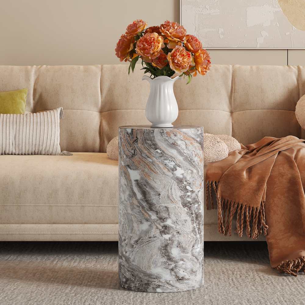 Okrągły stolik kawowy z płyty MDF z efektem szarego marmuru – minimalistyczny design do salonu, stolika pomocniczego lub stolika kawowego