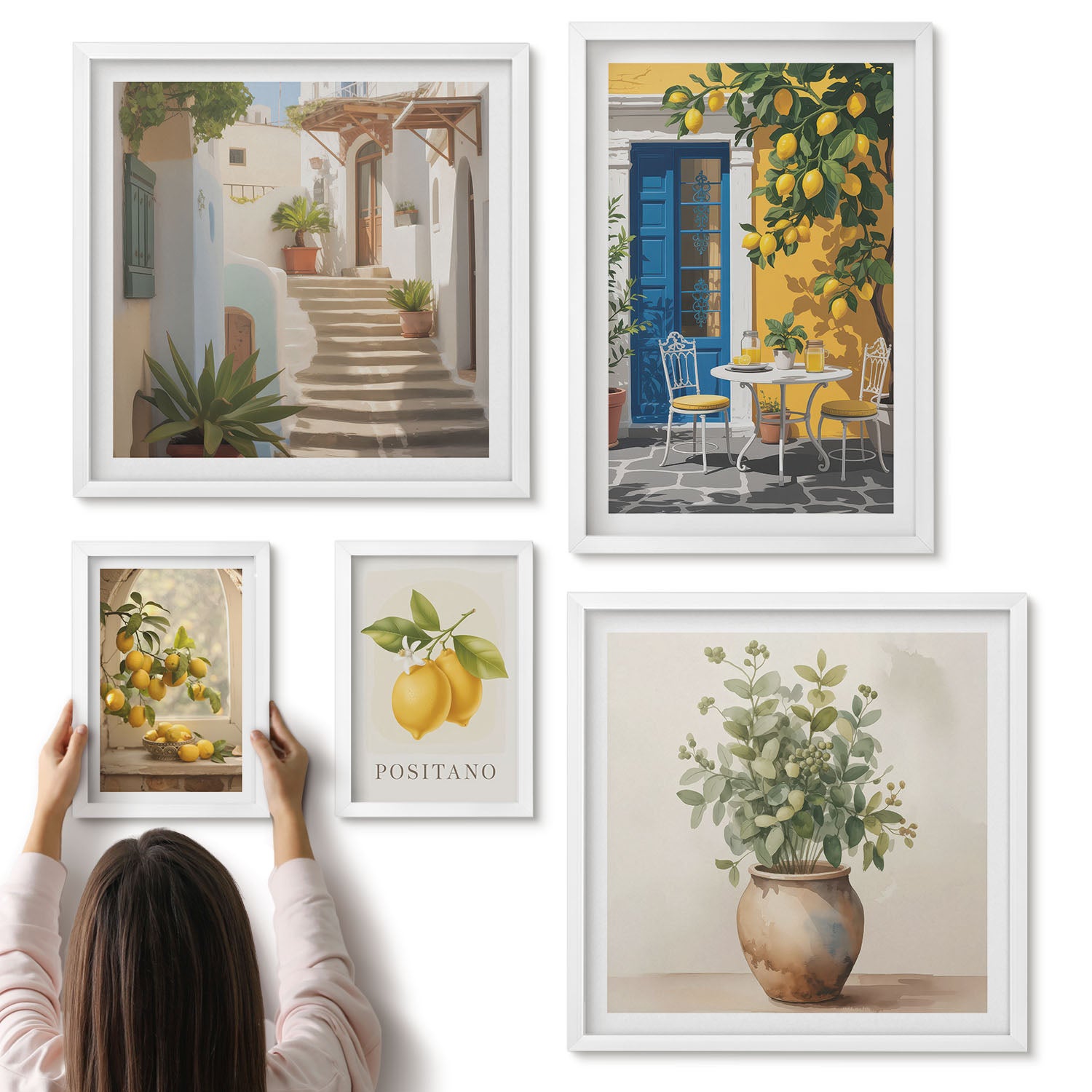 Galeria ścienna 5-częściowy komplet obrazów w białych ramach - Cytrusowe inspiracje w stylu śródziemnomorskim - ArtPrintCave