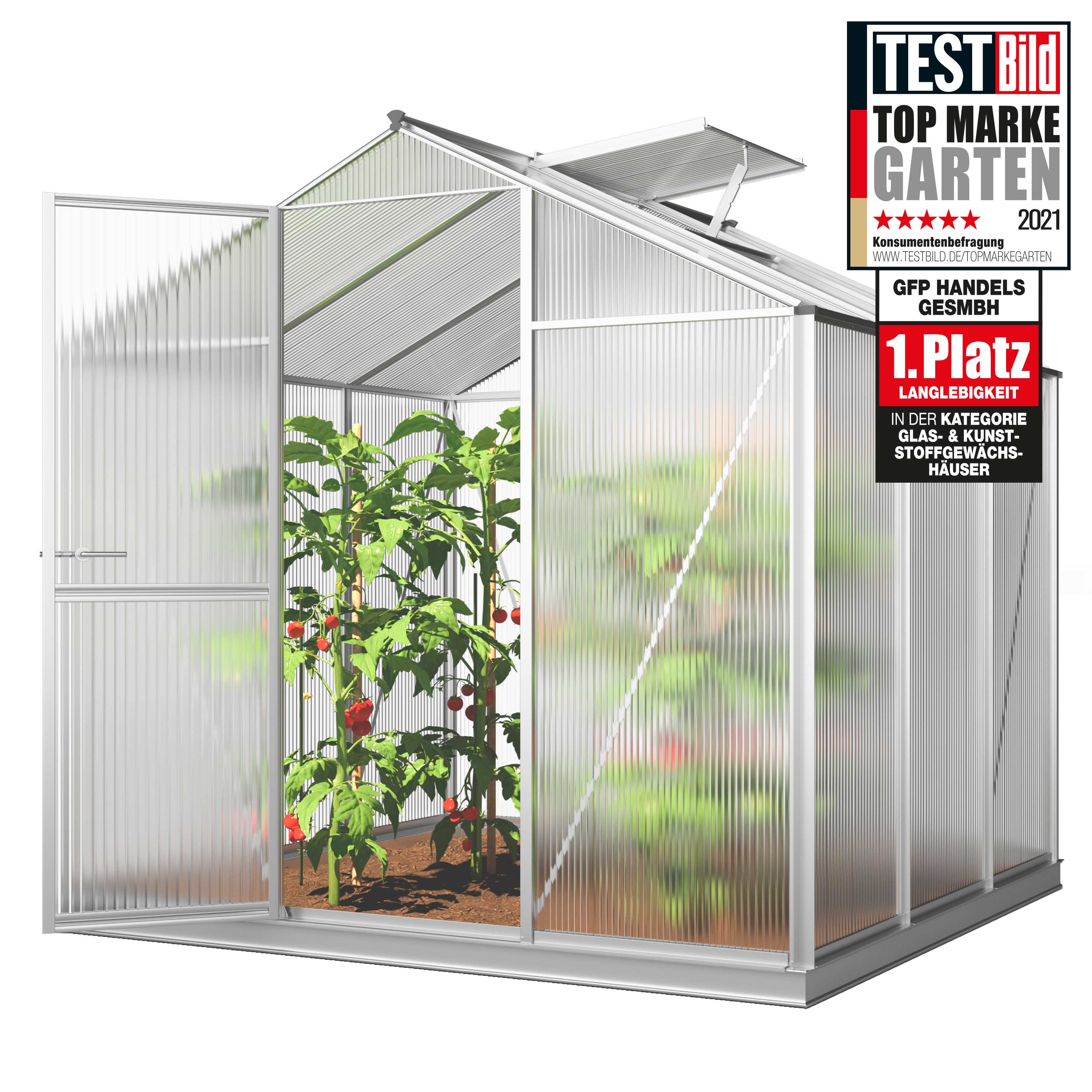 GFP szklarnia ECO 3 rama aluminiowa 192x192 cm - płytami poliwęglanowymi o grubości 6 mm - z ramą fundamentową i aut. mechanizm otwierania okien