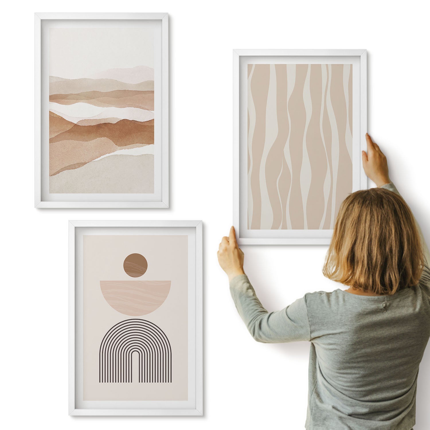 Galeria ścienna 3-częściowy komplet obrazów w białych ramach - Abstrakcyjny pejzaż kształty natury i geometria - ArtPrintCave
