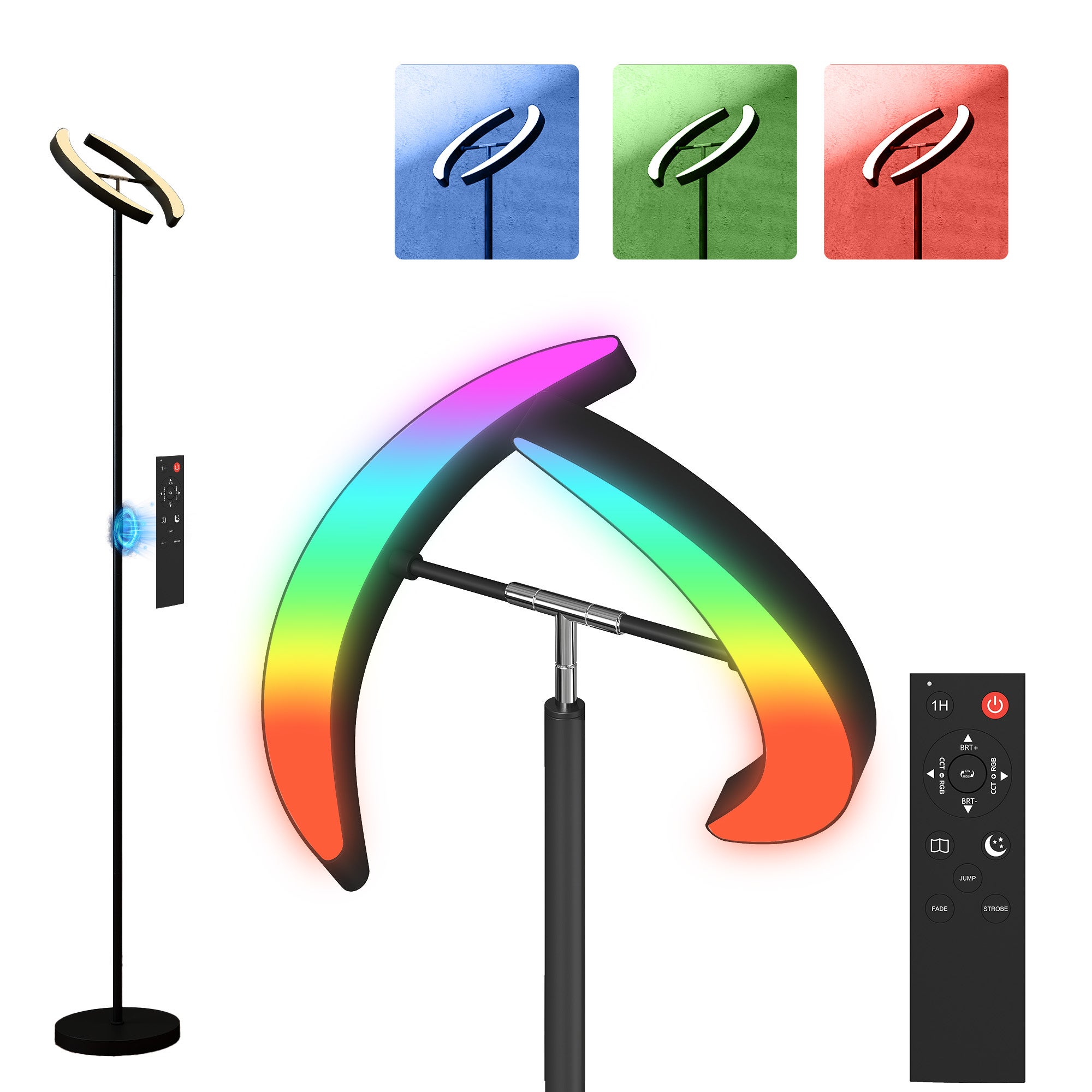 Lampa podłogowa RGB, ściemnialna, z wielokolorowymi opcjami oświetlenia, regulowana, czarna