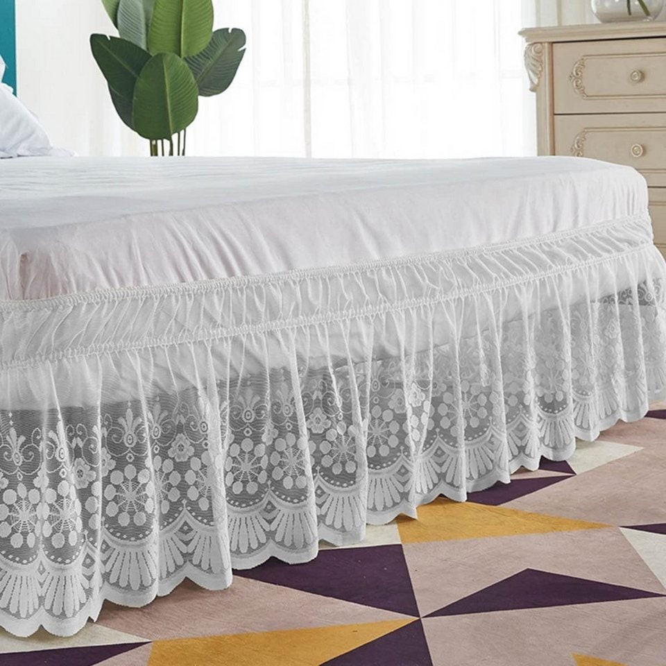 Koronkowa falbanka do łóżka Queen 150 x 200 cm, wysokość 38 cm, łatwa w montażu falbanka do łóżka, otulająca falbanka do łóżka, biała