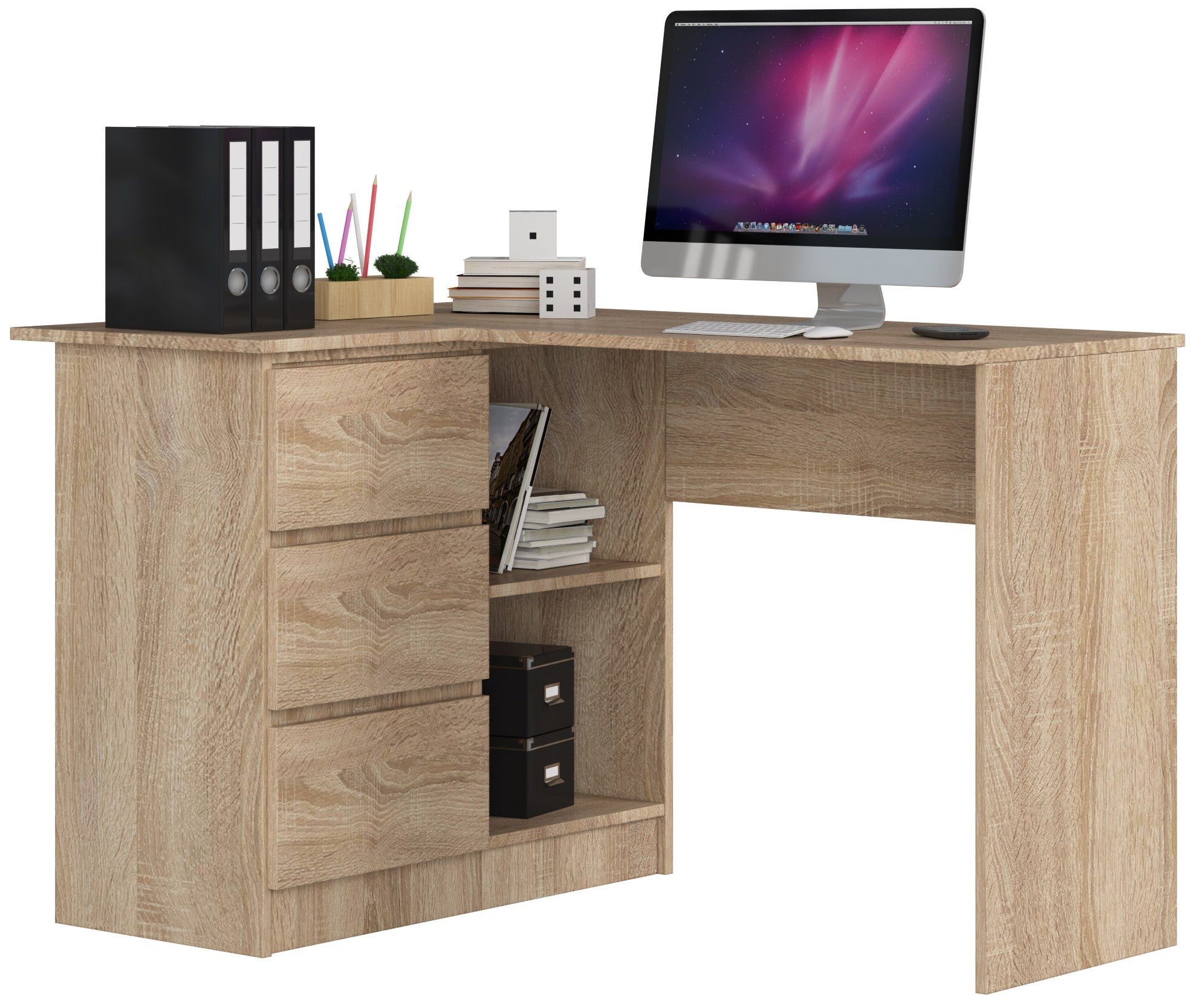 Biurko narożne AKORD B16 Dąb Sonoma 124 cm lewe 3 szuflady kolor Dąb Sonoma mat 2 półki 124x85x77 cm