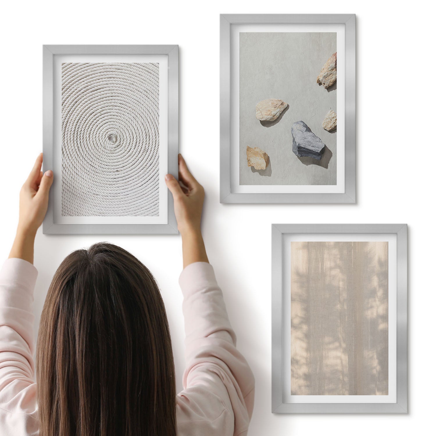 Galeria ścienna 3-częściowy komplet obrazów w srebrnych ramach - Boho tekstury naturalne struktury - ArtPrintCave
