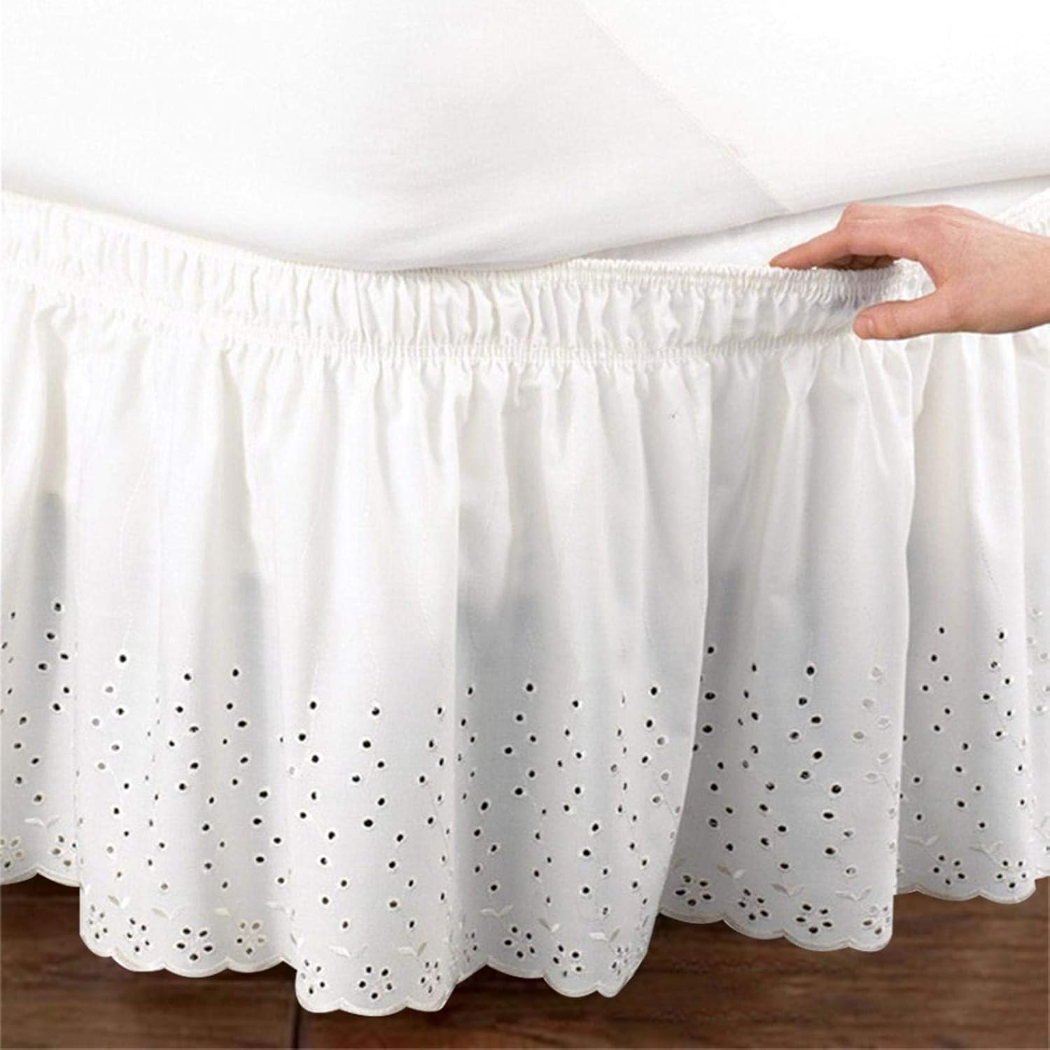 Biała, falbaniasta spódnica na łóżko, bawełniana spódnica na łóżko, spódnica na łóżko w rozmiarze queen size 150 x 200 cm, wytrzymała i elastyczna, st