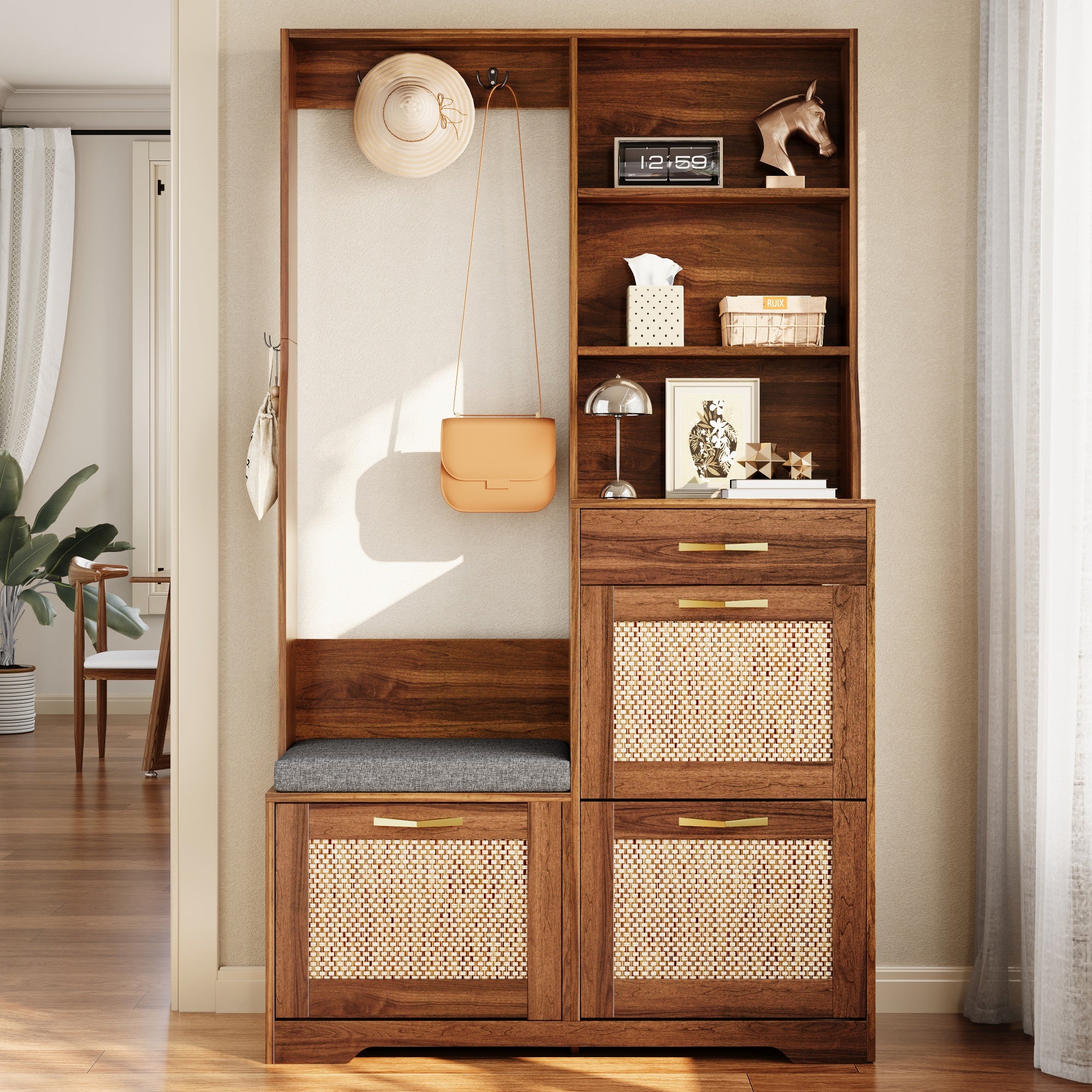 Szafka na buty z ławką, 3 drzwiami opuszczanymi, 1 szufladą i wieszakami, fronty imitujące rattan - MDF - 100 x 30 x 170 cm - orzech