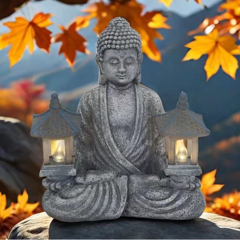 Dekoracja zewnętrznej statuły Buddy, ozdoby zewnętrzne do ogrodu w stylu zen z figurą Buddy, lampy solarne, latarnia Buddy
