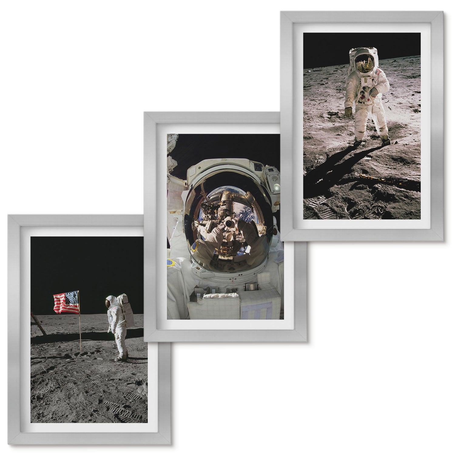 Zestaw obrazów w ramie - 3 części | Lądowanie astronautów na Księżycu zdjęcia | Srebrna ramka