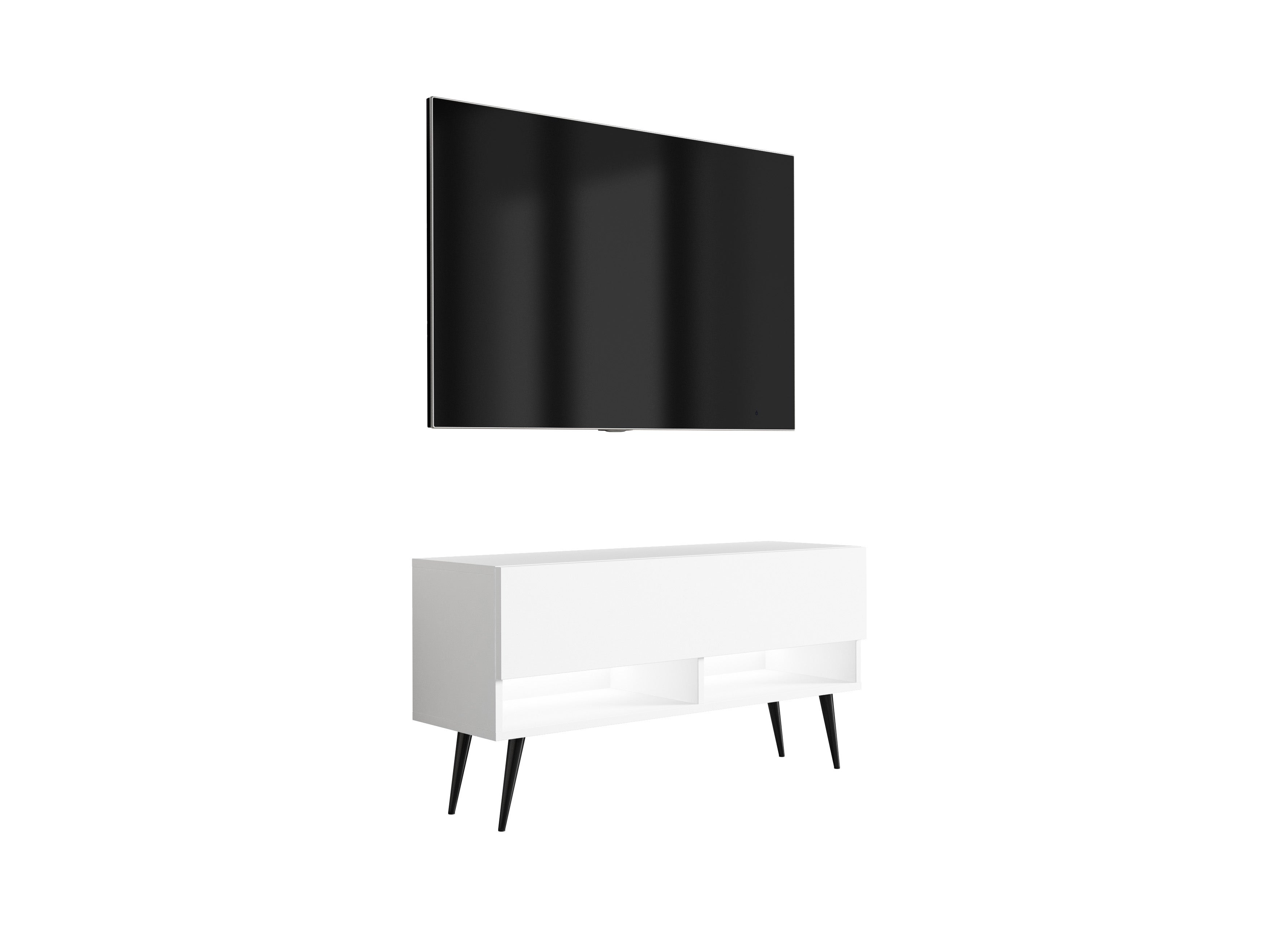 Szafka pod telewizor 100 cm Biały Mat, nóżki pochyłe czarne, LED biały, 100 × 32 × 52 cm