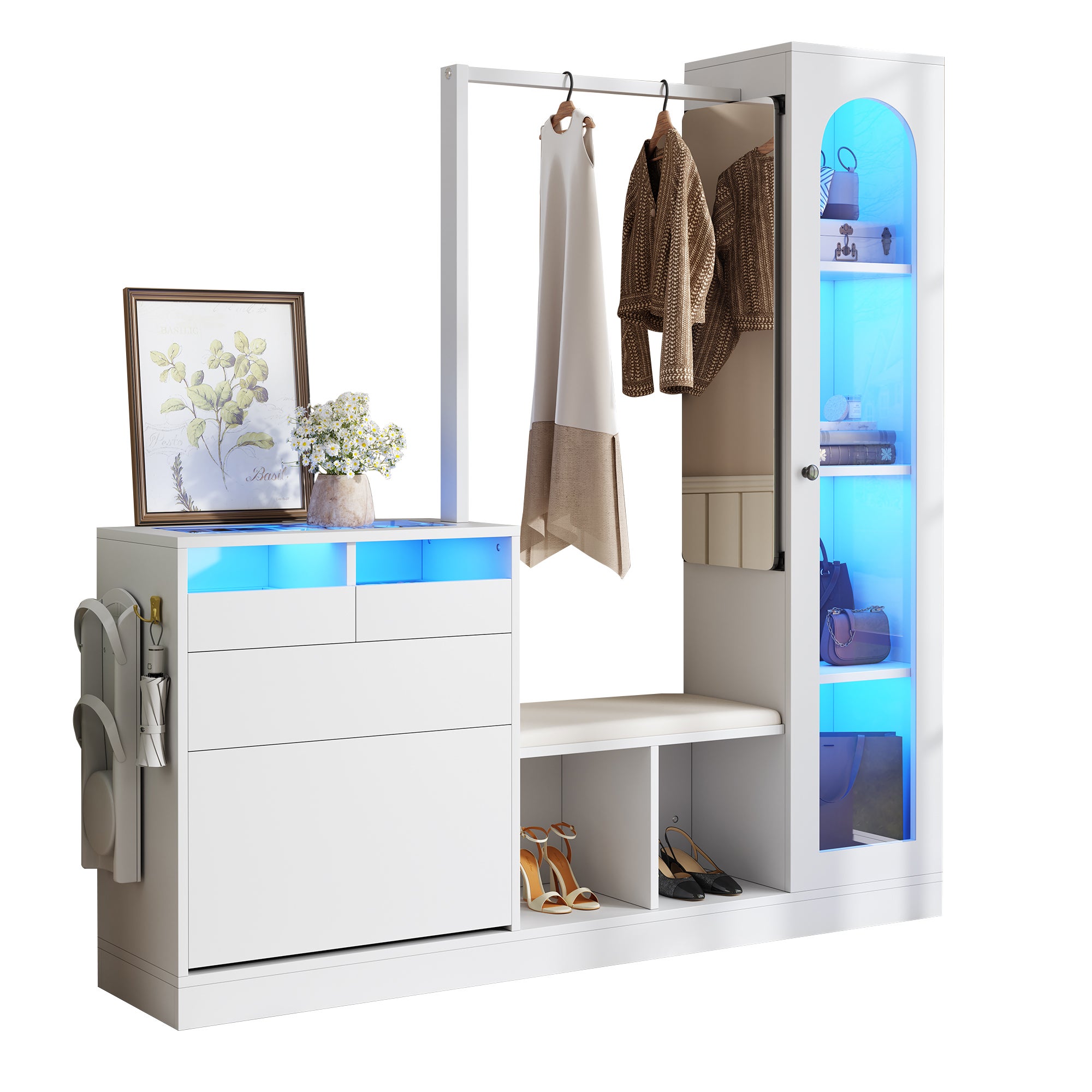 Zestaw szafek na buty z 2 szufladami, 3 drzwiami i drążkiem na ubrania - 163 x 35 x 161 cm - diody LED - płyta wiórowa - kolor biały
