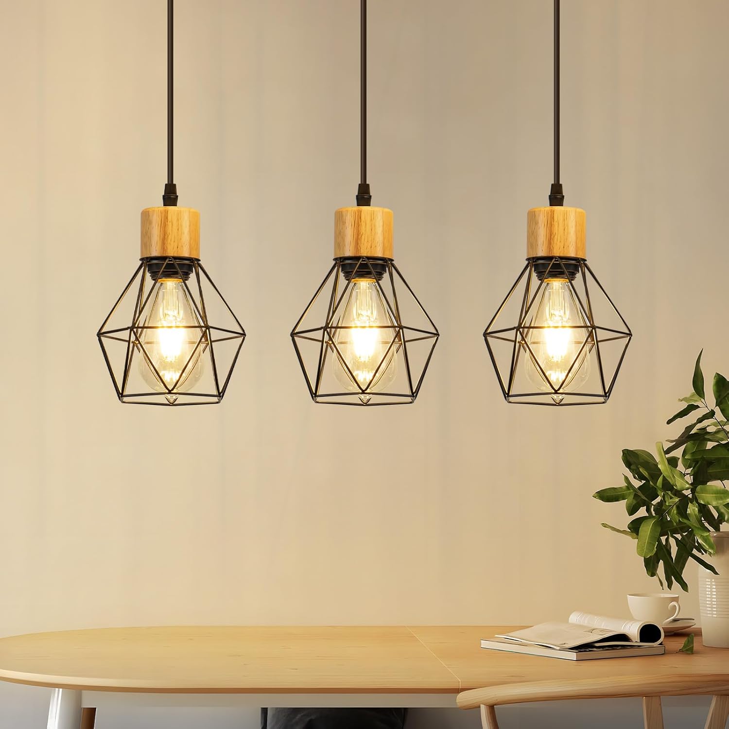 Nettlife Lampa wisząca E27, Żyrandol 3-punktowy, Vintage, Metalowy klosz w kształcie klatki, czarny, Retro, nad stół jadalny, do salonu