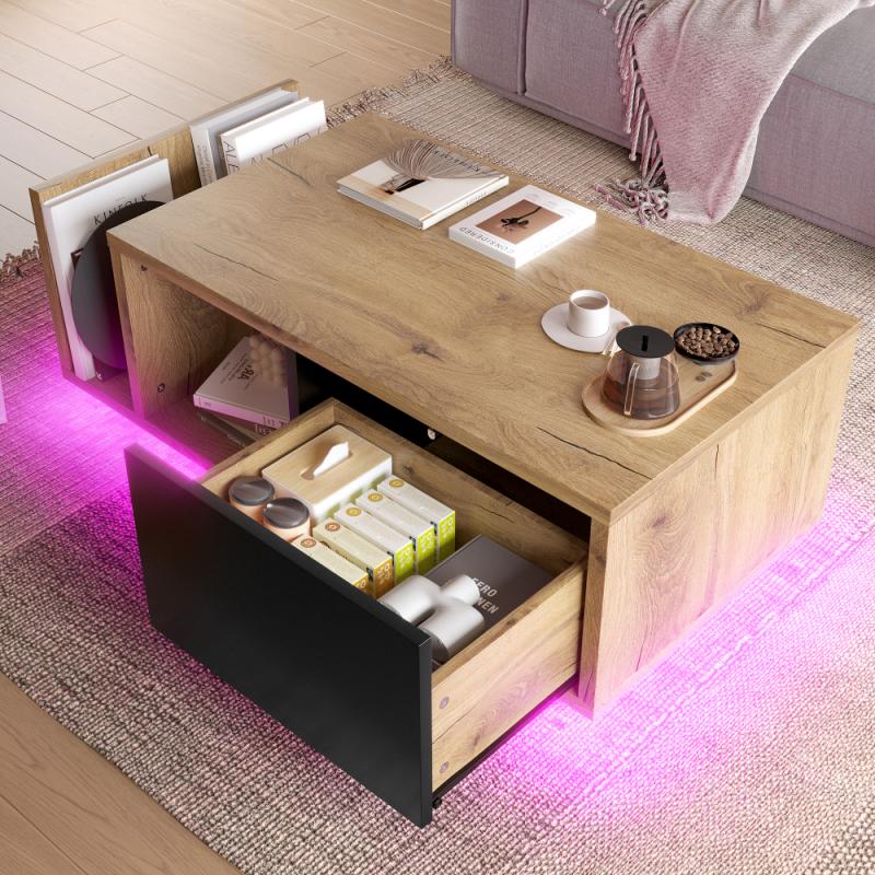 Wielofunkcyjny stolik kawowy w stylu retro, przegroda z oświetleniem LED, miejsce do przechowywania (półka + szuflada z przegródkami), drewno i metal
