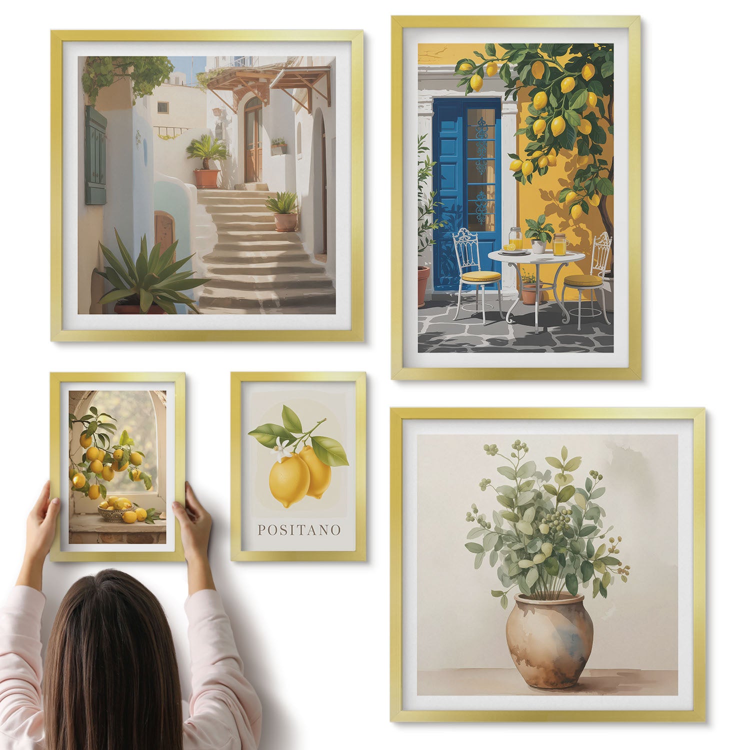 Galeria ścienna 5-częściowy komplet obrazów w złotych ramach - Cytrusowe inspiracje w stylu śródziemnomorskim - ArtPrintCave