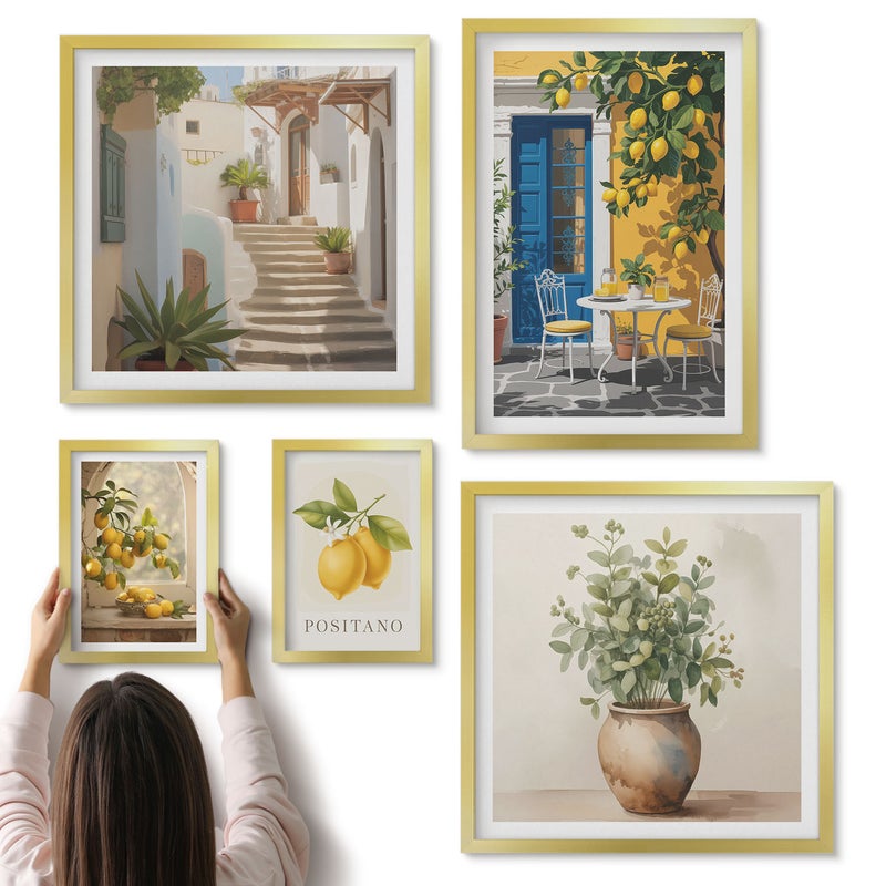 Galeria ścienna 5-częściowy komplet obrazów w złotych ramach - Cytrusowe inspiracje w stylu śródziemnomorskim - ArtPrintCave