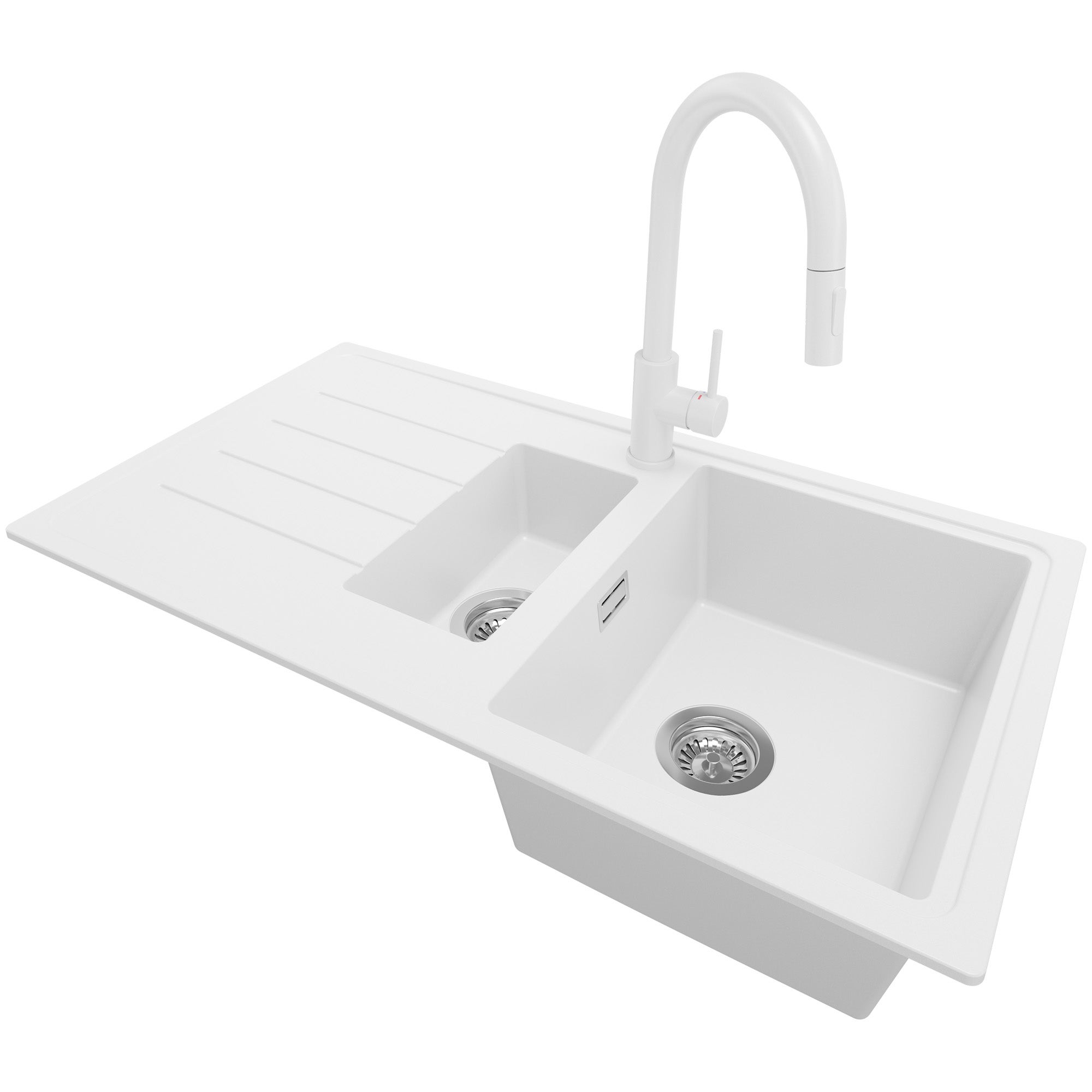 Zlewozmywak Granitowy Biały 90x50cm, Zlew Kuchenny 1,5 Komorowy + Bateria 40x20cm + Syfon, Nablatowy do szafki od 60cm - Kopenhaga Duo PRIMAGRAN