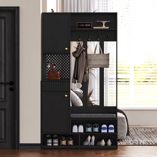Zestaw garderoby meblowej do przedpokoju z ławką, haczykami, szafkami i szufladami, czarny, MDF, 100×180×35 cm, funkcjonalny organizer