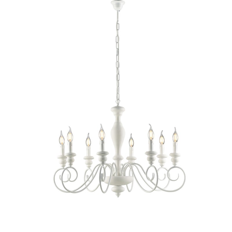 Lampadario in legno e ferro laccato bianco shabby 8 luci H.61 - MAX 121 - Ø82