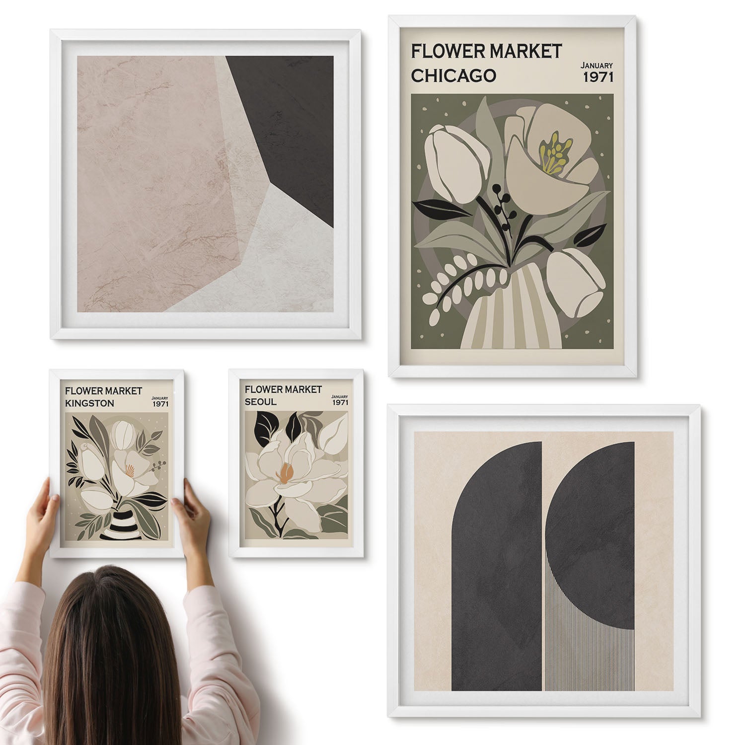 Galeria ścienna 5-częściowy komplet obrazów w białych ramach - Stylowe kompozycje z motywem kwiatowym i geometrycznym - ArtPrintCave