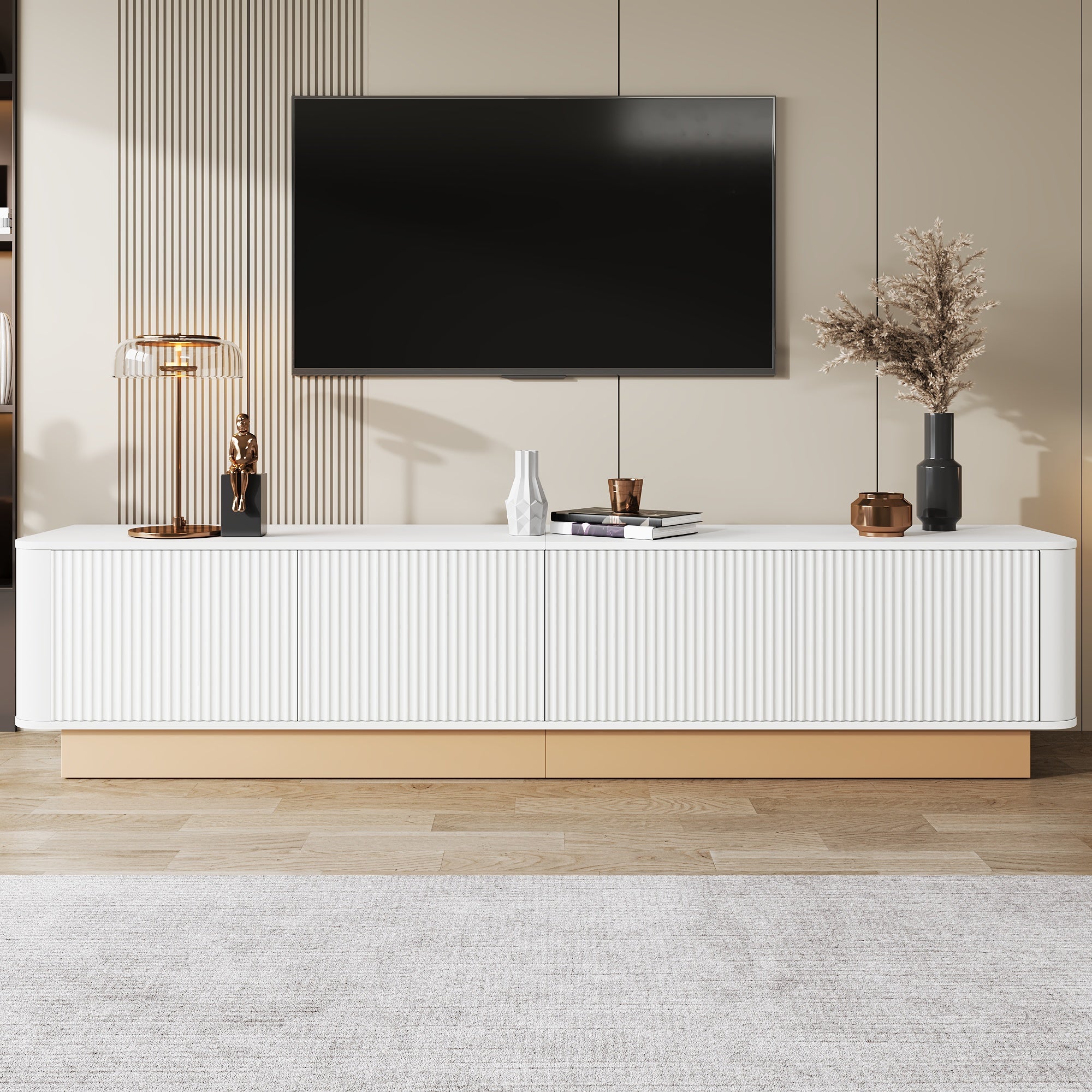 Nowoczesna, minimalistyczna szafka pod telewizor - 200x40x47,5 cm - 4 drzwi - Regulowana wysokość półek - Zaokrąglone narożniki - MDF - Biała