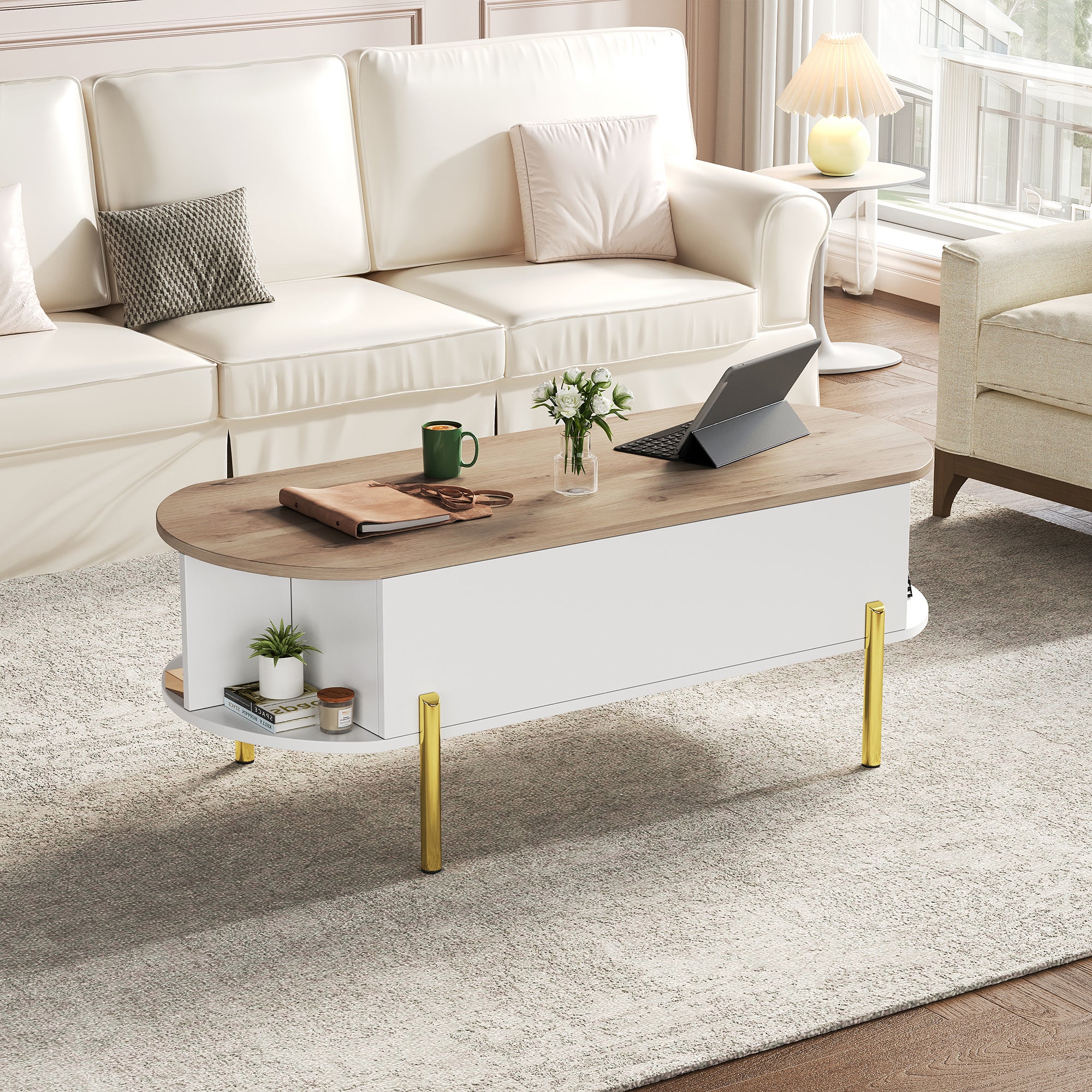 Stolik kawowy z unoszonym blatem z MDF 120 x 50 x 43 cm, wysokość do 57,5 cm i 7 schowków do salonu, biały i naturalne drewno