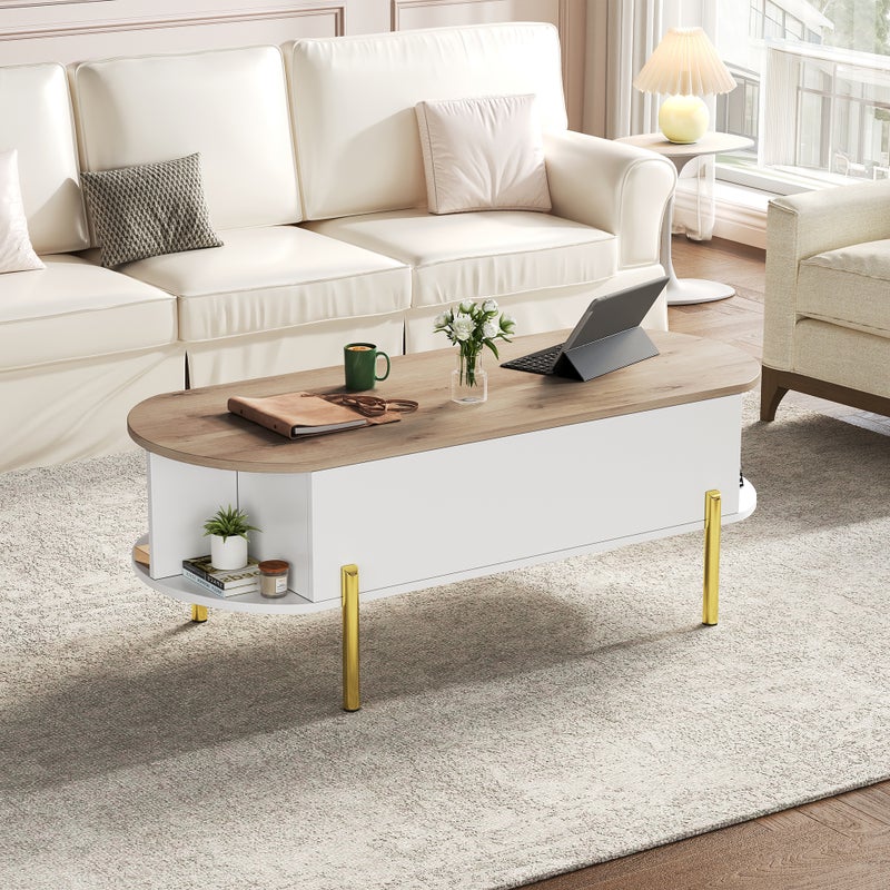 Stolik kawowy z unoszonym blatem z MDF 120 x 50 x 43 cm, wysokość do 57,5 cm i 7 schowków do salonu, biały i naturalne drewno