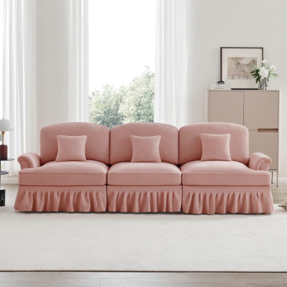 3-osobowa sofa z aksamitu w stylu mid-century, zdejmowany pokrowiec z falbanką, podłokietniki w kształcie lejka i zwężane nóżki