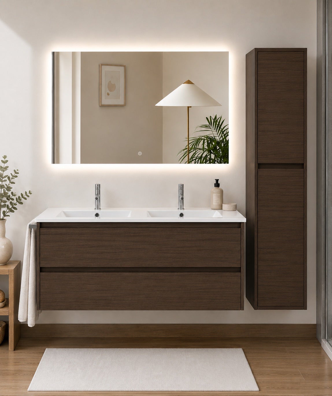 Szafka łazienkowa z umywalką ORIGENBATH IBIZA bez lustra 120x45 cm podwójna umywalka jesion tea z kolumną