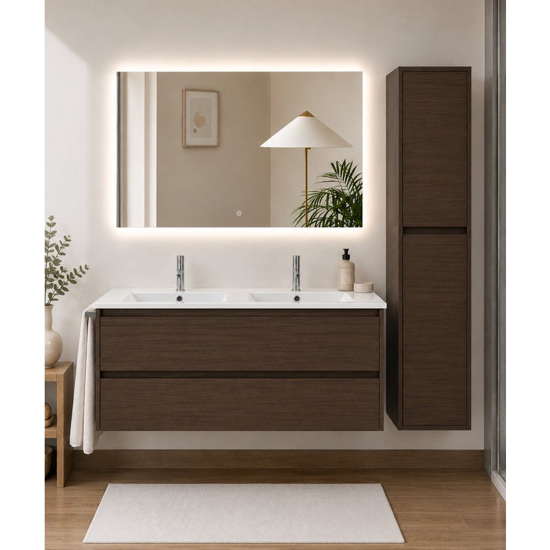 Szafka łazienkowa z umywalką ORIGENBATH IBIZA bez lustra 120x45 cm podwójna umywalka jesion tea z kolumną