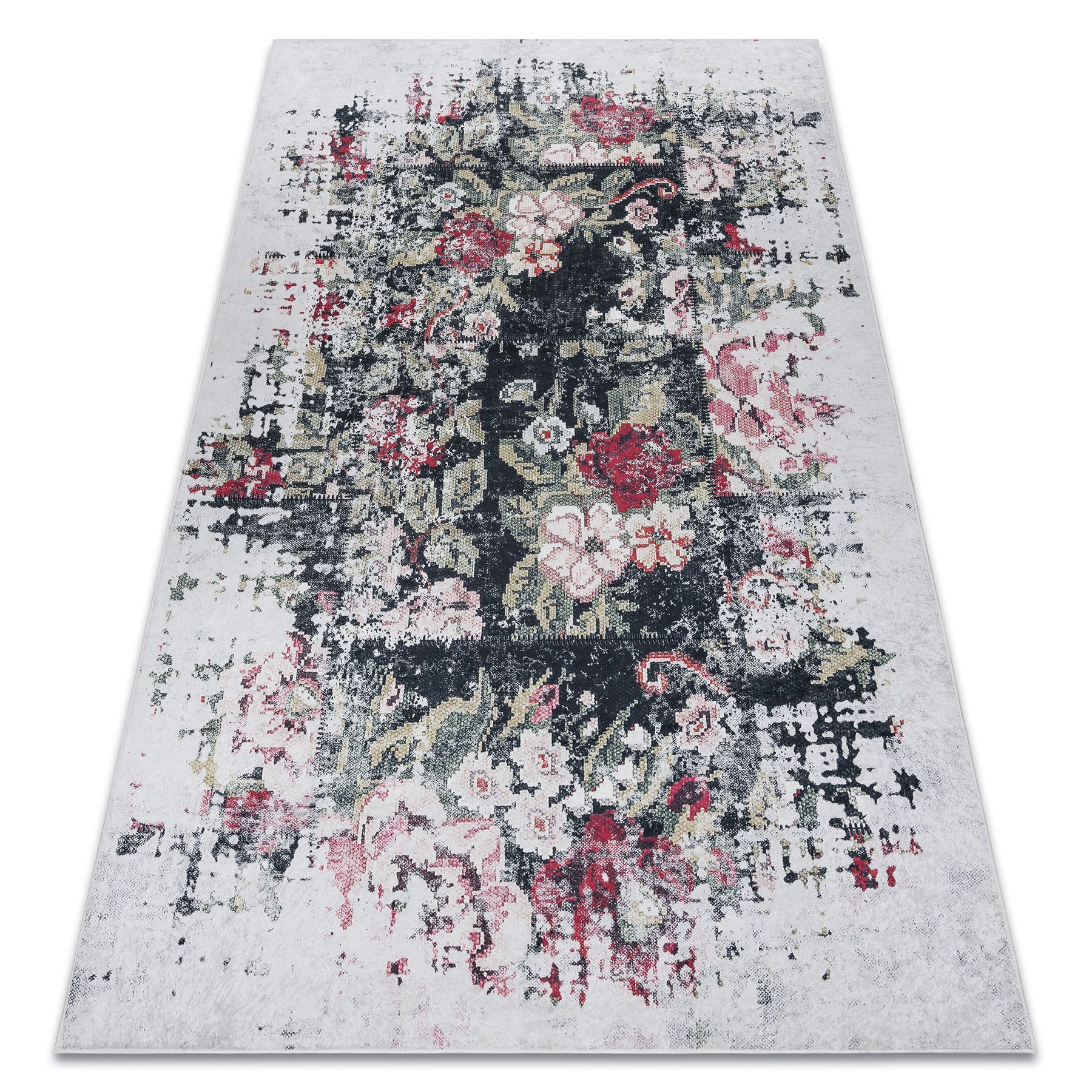 Dywan do prania ANDRE 1816D Kwiaty vintage antypoślizgowy - biały / czerwony 160x220 cm