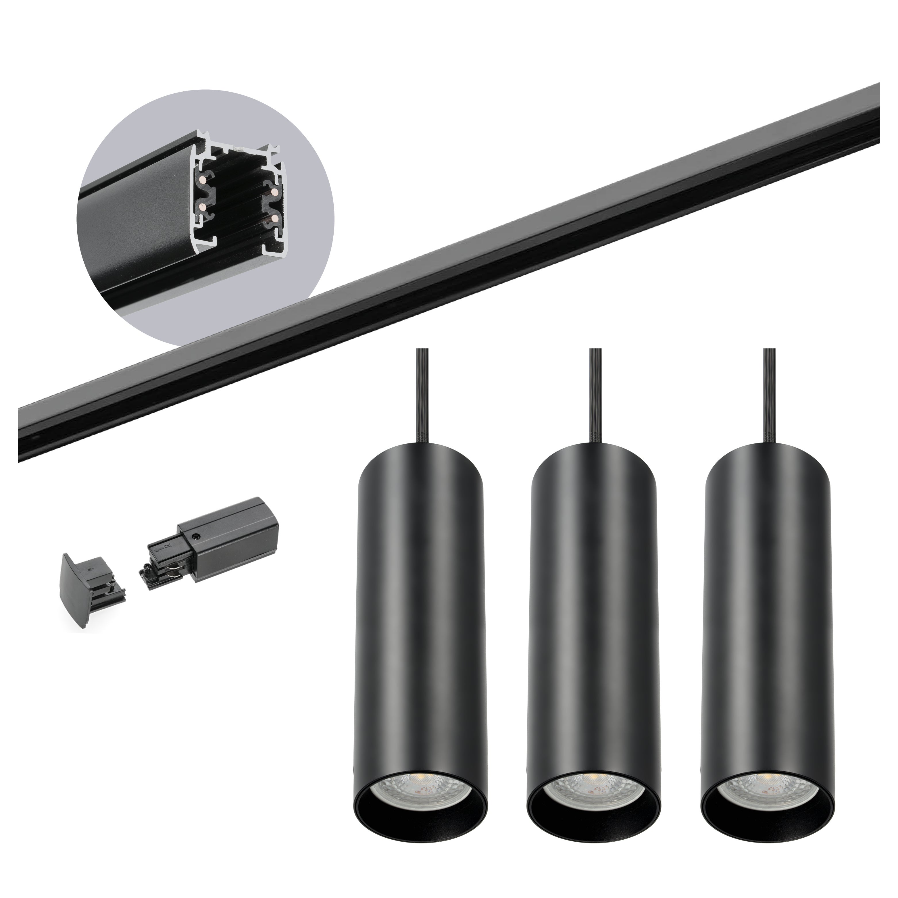 Oświetlenie szynowe 3 fazowe Kobi szyna 2m, 3x Lampa wisząca 1kpl.
