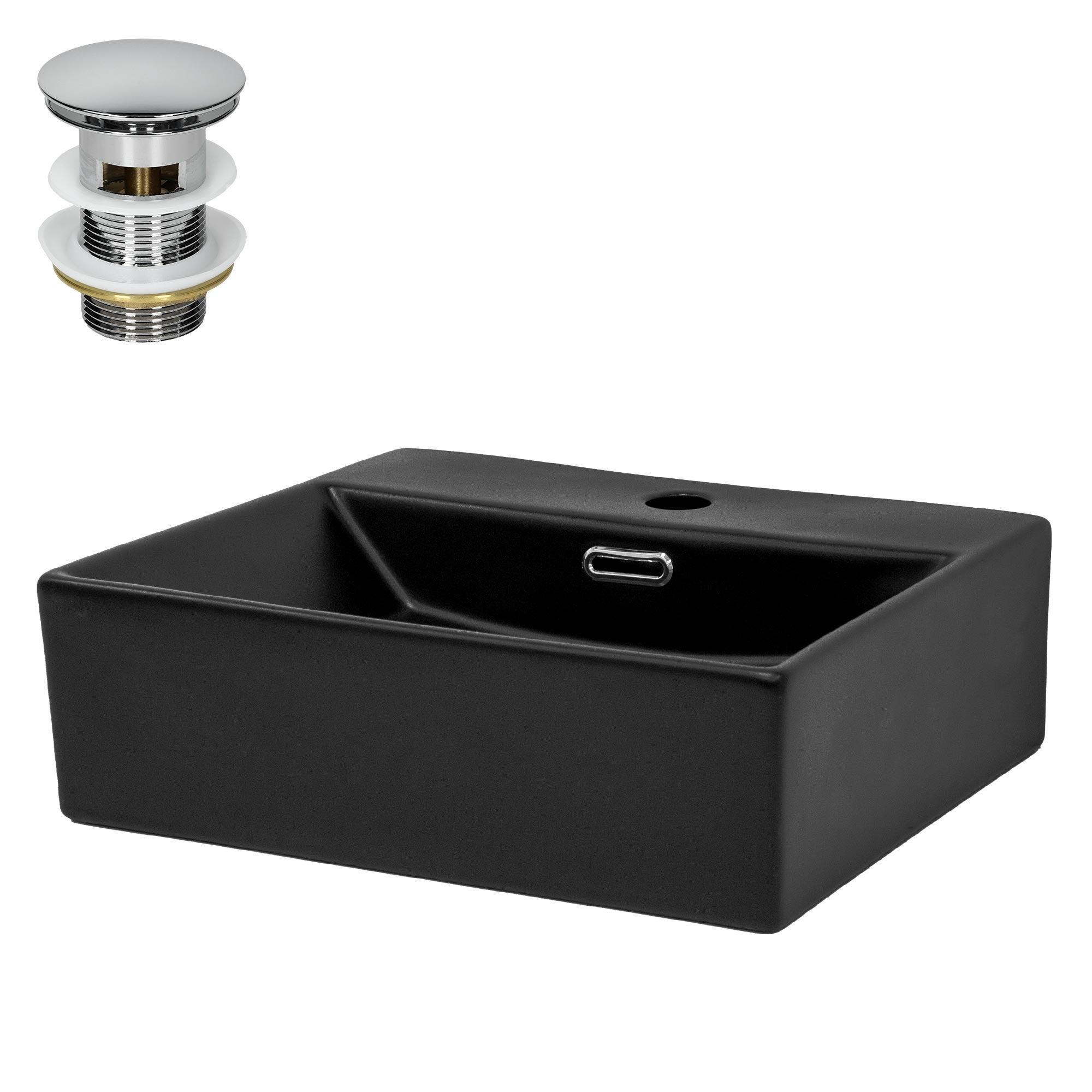 ML-Design Umywalka ceramiczna czarna 415x365x130mm wraz z zestawem odplywowym Umywalka nablatowa katowa Umywalka nowoczesna Umywalka z przelewem i