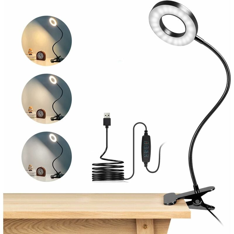 Czarna, obrotowa o 360° lampa biurkowa z klipsem, wyposażona w 48 diod LED, 3 tryby oświetlenia i 10 poziomów jasności, zasilana przez USB.