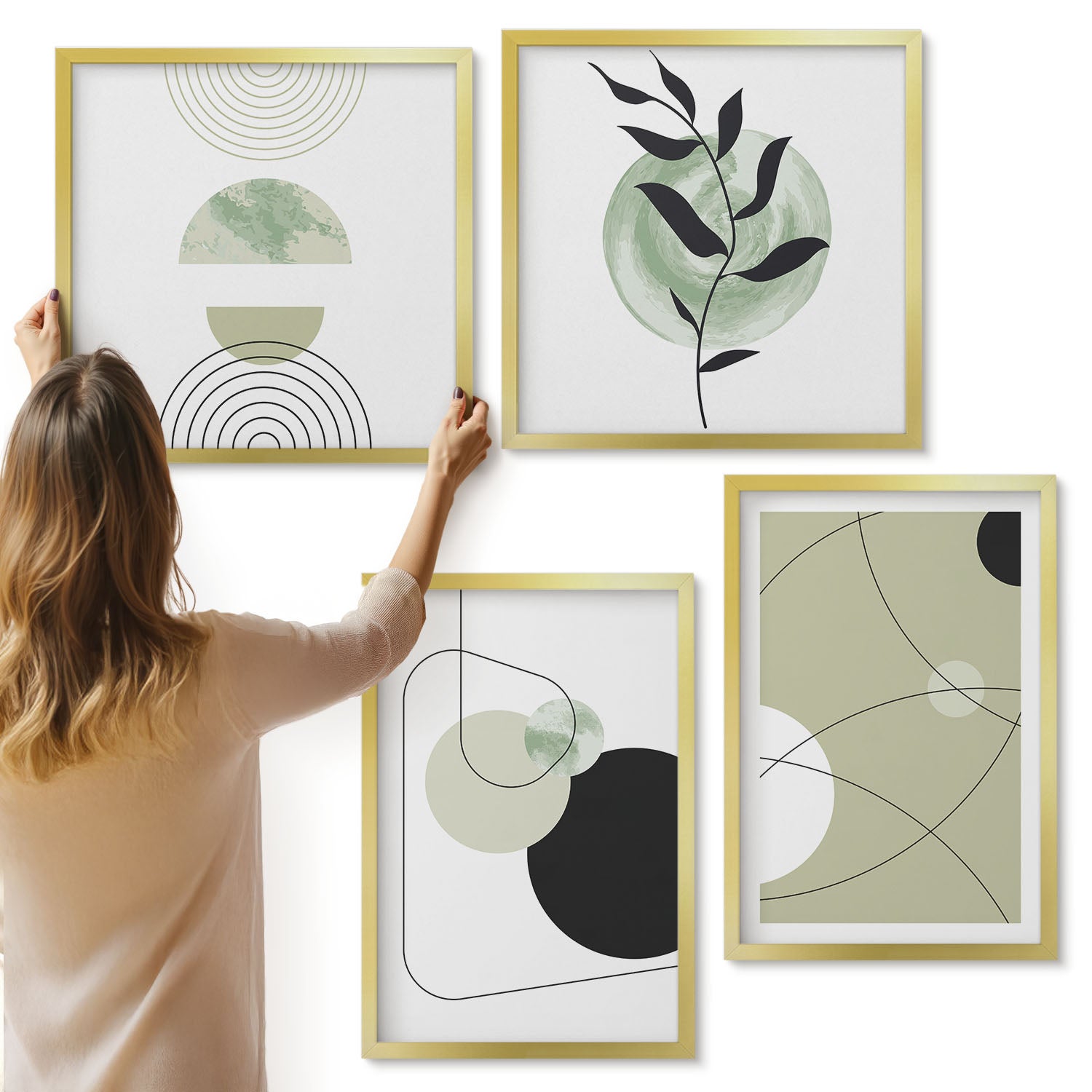 Galeria ścienna 4-częściowy komplet obrazów w złotych ramach - Abstrakcyjne kształty w stonowanej kolorystyce - ArtPrintCave