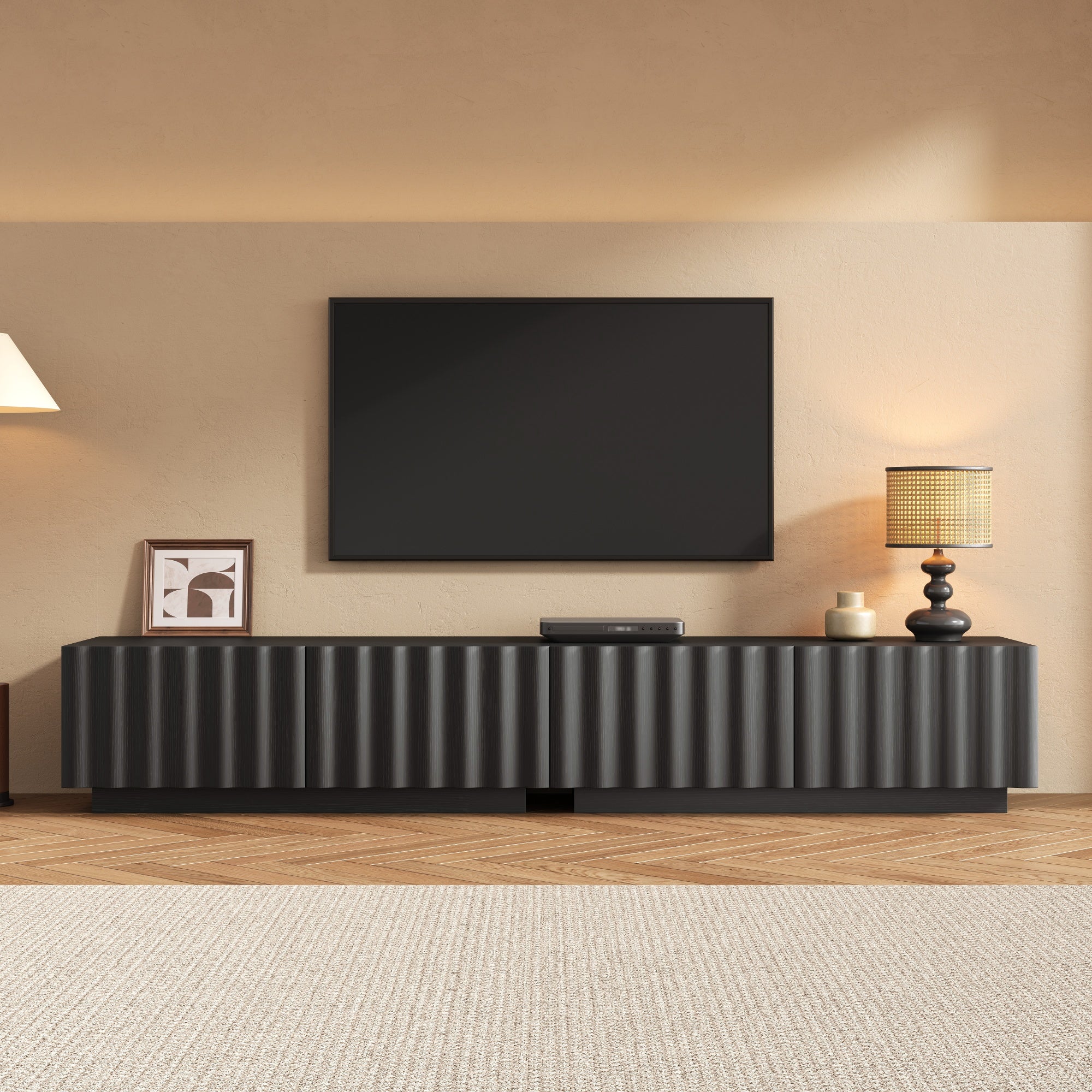 Stolik RTV z 4 szufladami - 200 x 40 x 35 cm - MDF i płyta wiórowa - falisty front i mechanizm otwierania push-to-open - czarny