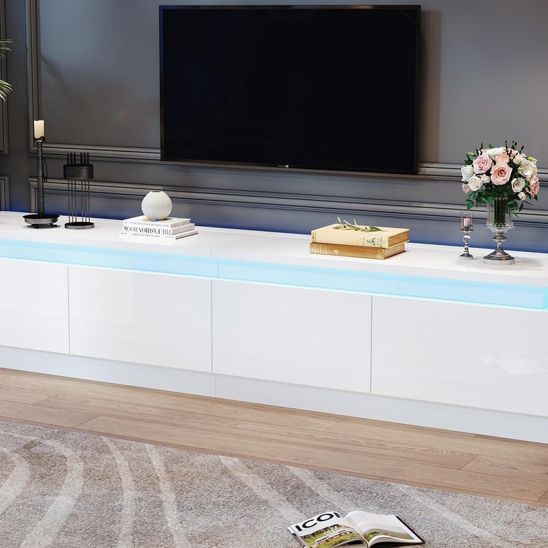 Stolik pod TV 180x34x40cm - z 4 szufladami - z oświetleniem LED - wykończenie błyszczące - kolor biały