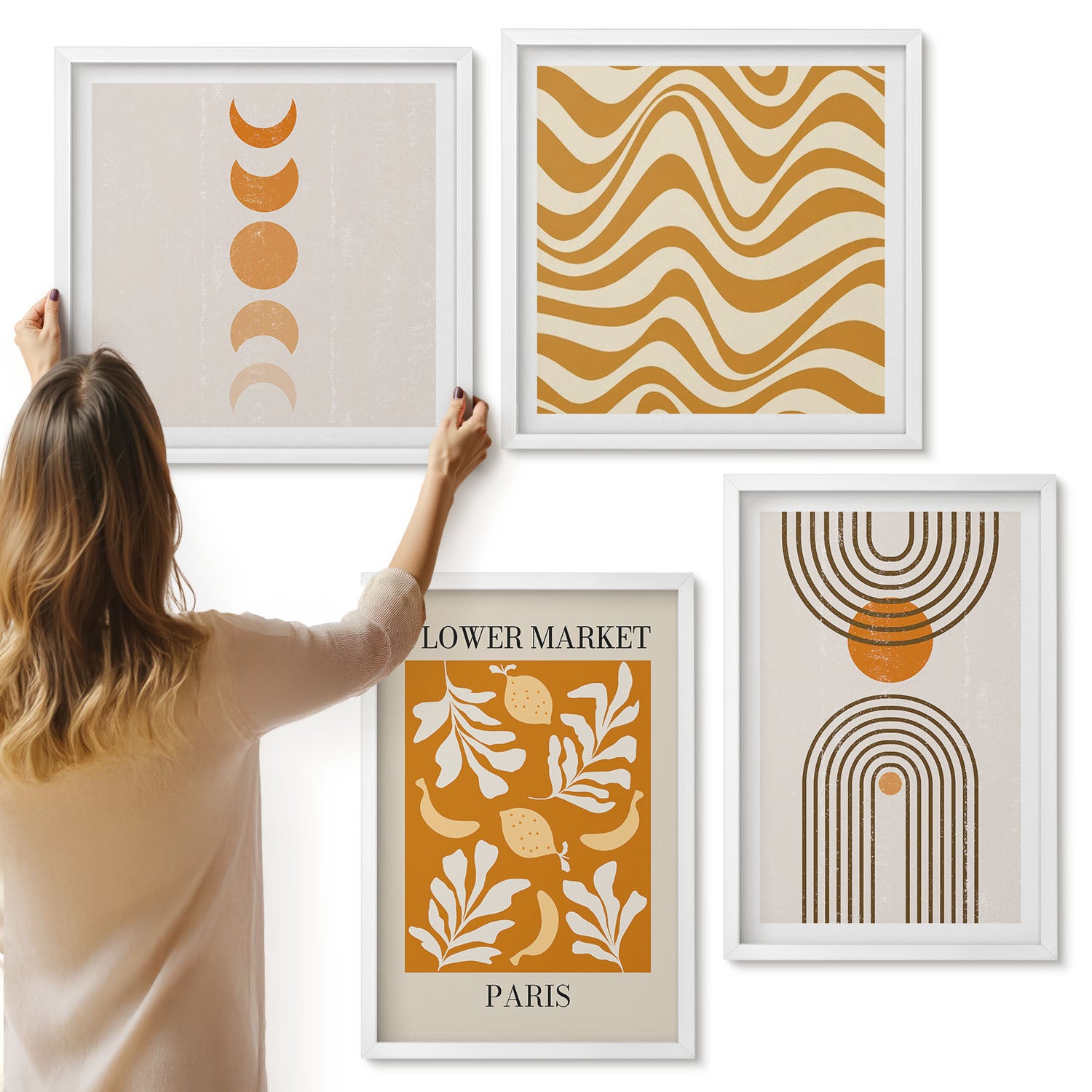 Galeria ścienna 4-częściowy komplet obrazów w białych ramach - Wzory roślinne i geometryczne modne postery - ArtPrintCave