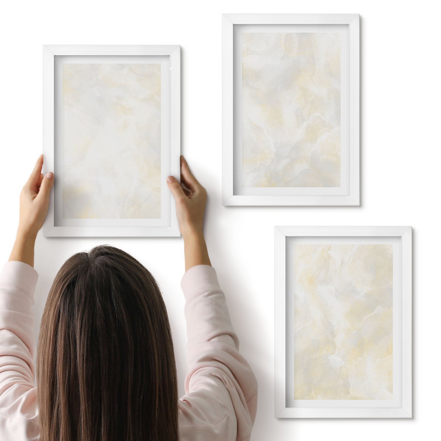 Galeria ścienna 3-częściowy komplet obrazów w białych ramach - Jasne tekstury farby pociągięcia pędzlem design - ArtPrintCave