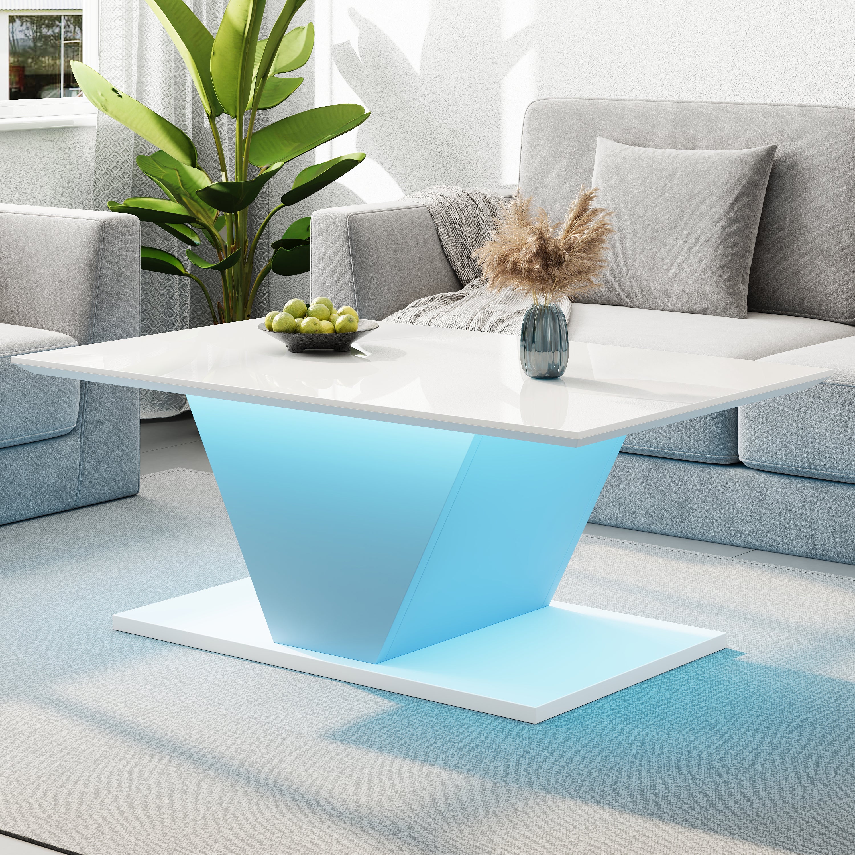 Biały stolik kawowy z oświetleniem LED, połyskujący blat i podstawa w kształcie V, sterowanie aplikacją, 100 x 50 x 46 cm do salonu