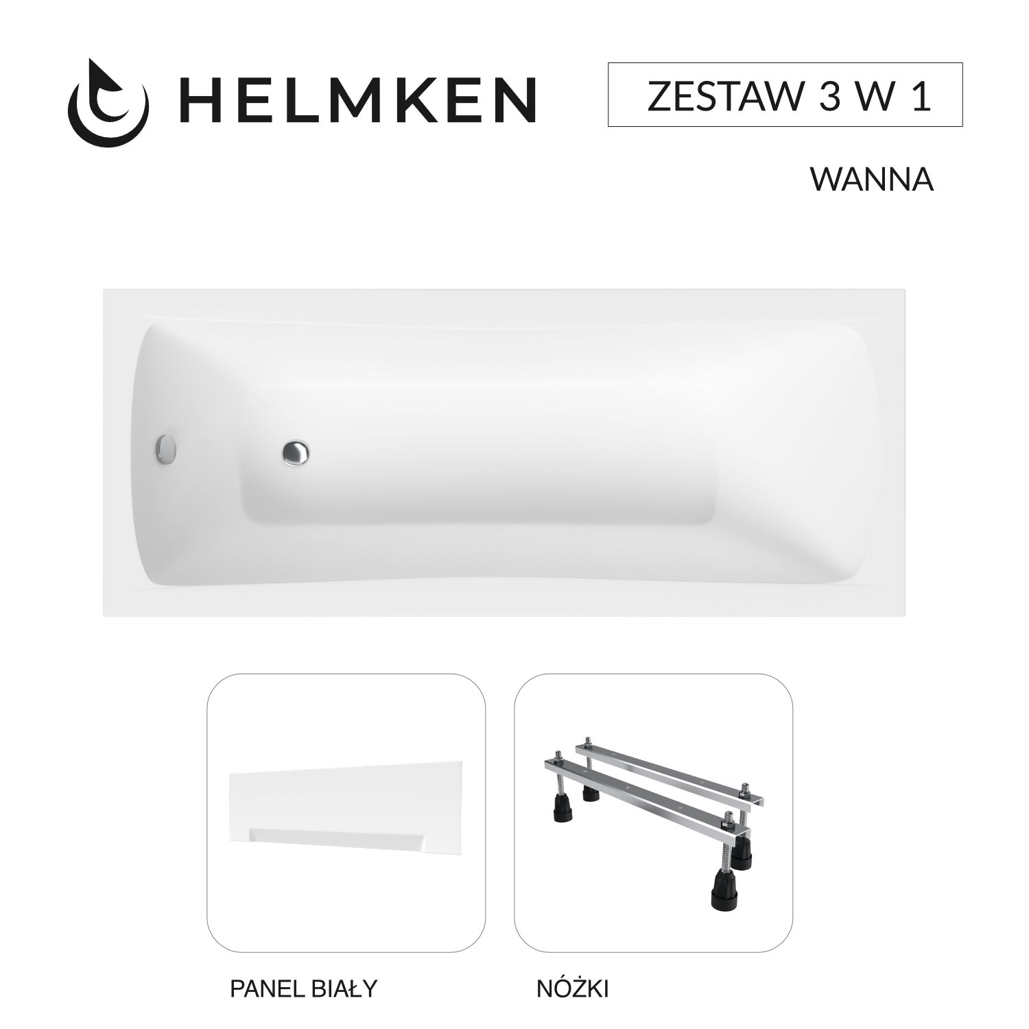 Wanna akrylowa Helmken Luna 140 х 70 + Panel biały + Nóżki / 23093001
