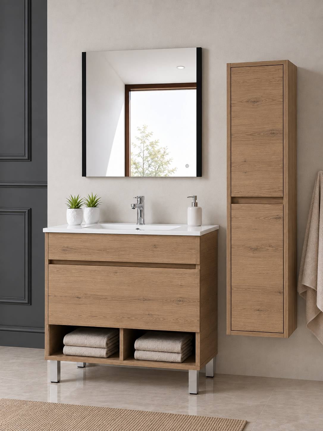 Szafka łazienkowa na nóżkach z umywalką ORIGENBATH NEBARI na nóżkach z szufladą z kolumną 90x45 cm estepa z kolumną