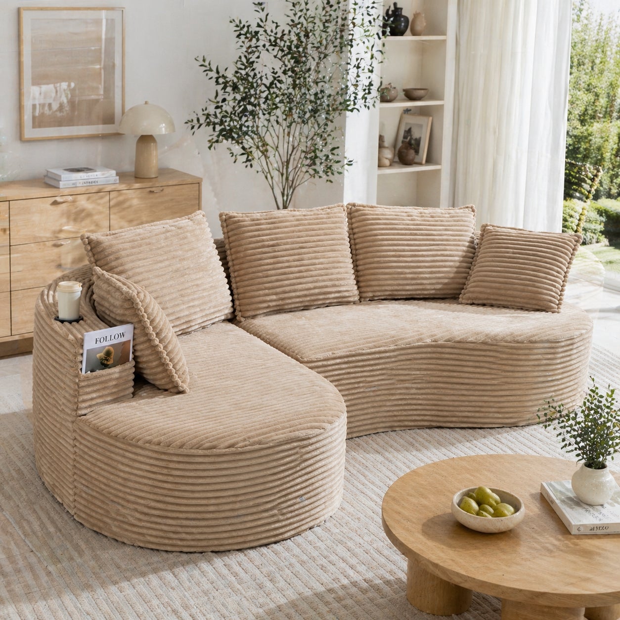 Sofa sztruksowa, zakrzywiony design z uchwytami na kubki, nowoczesna sofa z kieszenią do salonu