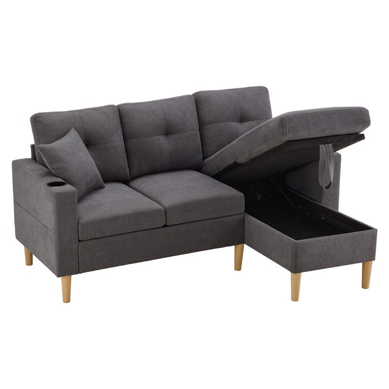 Nowoczesna sofa 3-osobowa w kształcie litery L - z 2 uchwytami na kubki - 2 poduszkami - ze schowkiem - ciemnoszara