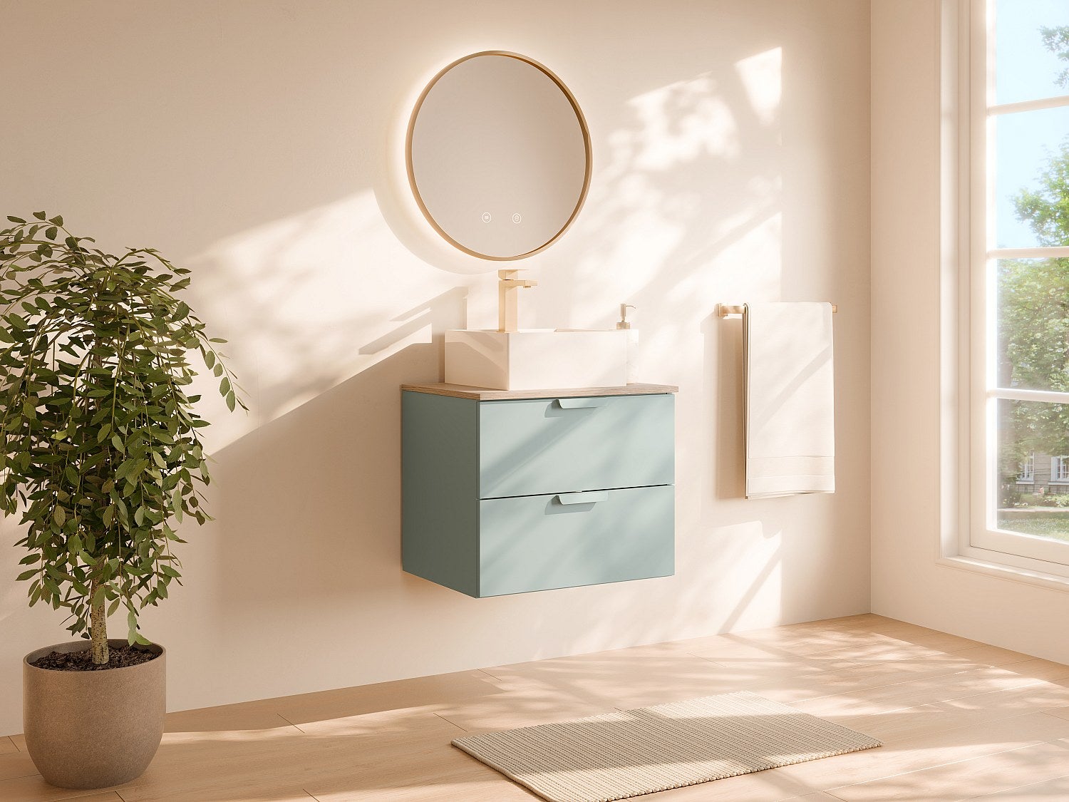 Wisząca szafka łazienkowa z kwadratową umywalką nablatową – Migdałowa zieleń – S60 cm – AVORELI
