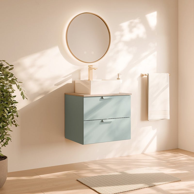 Wisząca szafka łazienkowa z kwadratową umywalką nablatową – Migdałowa zieleń – S60 cm – AVORELI